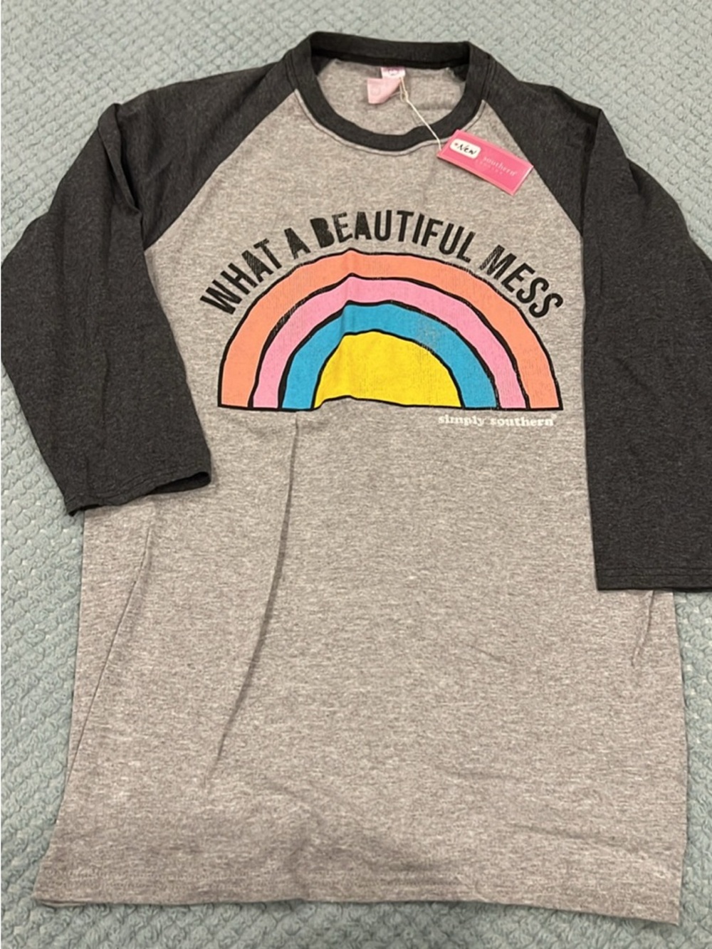 Simply Southern Gray Raglan Tee with Pink, Orange, Blue & Yellow Rainbow